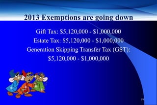 2013 Exemptions are going down
   Gift Tax: $5,120,000 - $1,000,000
  Estate Tax: $5,120,000 - $1,000,000
Generation Skipping Transfer Tax (GST):
        $5,120,000 - $1,000,000




                                          19
 