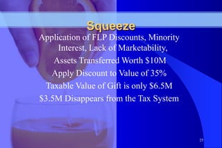 Squeeze
Application of FLP Discounts, Minority
     Interest, Lack of Marketability,
    Assets Transferred Worth $10M
   Apply Discount to Value of 35%
 Taxable Value of Gift is only $6.5M
$3.5M Disappears from the Tax System



                                         25
 