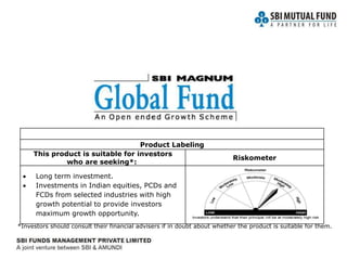 *Investors should consult their financial advisers if in doubt about whether the product is suitable for them.
Product Labeling
This product is suitable for investors
who are seeking*:
Riskometer
 Long term investment.
 Investments in Indian equities, PCDs and
FCDs from selected industries with high
growth potential to provide investors
maximum growth opportunity.
 