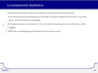 La Componente Qualitativa

The model allows to take in count also qualitative components. (by human evaluation)

 the teams bay attach brief presentation (one slide) to support-integrate their decisions (e.g. define
 details about commercials or packaging).

 Those presentation are evaluated in 1 to 5 rank and the result impacts on the effectiveness of the
 decisions.

 Evaluation methodology may be defined with the business school.




                                                                                                          10
 