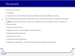 The Scenario

The scenario consists in:

 10 regions;

 Population structured in different Types whit different sensibility to different stimoulus;

 A multidimensional Demand Curve (2d product, price, communication pressure, distribution coverage);

 Different consumer preferences, monthly consumption and media sensibility grouped in regions and
 consumer types;

 Production Cost Structure;

 Media cost structure and availability; Distribution Costs;

 Market Shares (volume/value);

 Products lock-in level;

 Distributors market organization;

 Company's characteristics . (the firms may have different strength and weakness).




                                                                                                        6
 