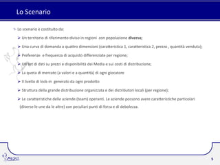Lo Scenario

Lo scenario è costituito da:

 Un territorio di riferimento diviso in regioni con popolazione diversa;

 Una curva di domanda a quattro dimensioni (caratteristica 1, caratteristica 2, prezzo , quantità venduta);

 Preferenze e frequenza di acquisto differenziate per regione;

 Un set di dati su prezzi e disponibilità dei Media e sui costi di distribuzione;

 La quota di mercato (a valori e a quantità) di ogni giocatore

 Il livello di lock-in generato da ogni prodotto

 Struttura della grande distribuzione organizzata e dei distributori locali (per regione);

 Le caratteristiche delle aziende (team) operanti. Le aziende possono avere caratteristiche particolari
 (diverse le une da le altre) con peculiari punti di forza e di debolezza.




                                                                                                               5
 
