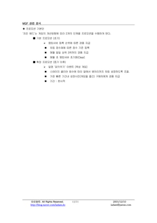 MGF ?? ??

? ???? ???
?? ??? ??? ????? ?? 2?? ??? ????? ???? ??.
       ?? ???? (??)
               ?    ???? ?? ??? ?? ?? ??
                ?   ?? ???? ?? ?? ?? ??
                ?   ?? ?? ?? 3??? ?? ??
                ?   ?? ? ???? ???(Clear)
       ?? ???? (?? ??)
               ?    ?? ???? ??? (?? ??)
                ?   ???? ??? ??? ?? ??? ????? ?? ????? ??.
                ?   ?? ?? ??? ????(??? ??) ????? ?? ??
                ?   ?? : ???




    ????. All Rights Reserved.       12/31         2001/12/10
    http://blog.naver.com/iadam.do               iadam@paran.com
 