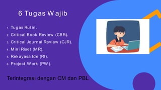 6 Tugas W ajib
1. Tugas Rut in.
2. Crit ical Book Review (CBR).
3. Crit ical Journal Review (CJR).
4 . Mini Riset (MR).
5. Rek ayasa Ide (RI).
6. Project W ork (PW ).
Terintegrasi dengan CM dan PBL
 