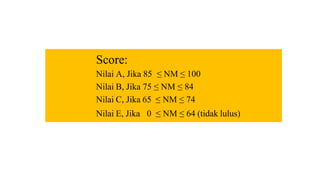 Score:
Nilai A, Jika 85 ≤ NM ≤ 100
Nilai B, Jika 75 ≤ NM ≤ 84
Nilai C, Jika 65 ≤ NM ≤ 74
Nilai E, Jika 0 ≤ NM ≤ 64 (tidak lulus)
 