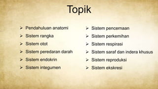 Topik
 Pendahuluan anatomi
 Sistem rangka
 Sistem otot
 Sistem peredaran darah
 Sistem endokrin
 Sistem integumen
 Sistem pencernaan
 Sistem perkemihan
 Sistem respirasi
 Sistem saraf dan indera khusus
 Sistem reproduksi
 Sistem ekskresi
 