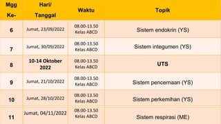 Mgg
Ke-
Hari/
Tanggal
Waktu Topik
6 Jumat, 23/09/2022
08.00-13.50
Kelas ABCD Sistem endokrin (YS)
7
Jumat, 30/09/2022
08.00-13.50
Kelas ABCD
Sistem integumen (YS)
8
10-14 Oktober
2022
08.00-13.50
Kelas ABCD
UTS
9 Jumat, 21/10/2022
08.00-13.50
Kelas ABCD Sistem pencernaan (YS)
10 Jumat, 28/10/2022
08.00-13.50
Kelas ABCD Sistem perkemihan (YS)
11
Jumat, 04/11/2022
08.00-13.50
Kelas ABCD Sistem respirasi (ME)
 