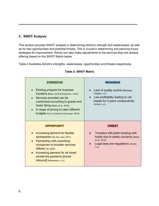 _________________________________________
8
2. SWOT Analysis
This section provides SWOT analysis in determining Airbnb’s strength and weaknesses, as well
as its new opportunities and potential threats. This is crucial in determining and planning future
strategies for improvement. Airbnb can also make adjustments to the services they are already
offering based on the SWOT Matrix below.
Table 2 illustrates Airbnb’s strengths, weaknesses, opportunities and threats respectively.
Table 2: SWOT Matrix
STRENGTHS
● Existing program for business
travelers (Black, 2016 & Airbnb Inc., 2016)
● Services provided can be
customized according to guests and
hosts' liking (Meleo et al., 2016).
● A range of pricing to cater different
budgets (Hui Li & Kannan Srinivasan, 2019)
WEAKNESS
● Lack of quality control (BStrategy
Insights, n.d.)
● Low profitability leading to net
losses for 3 years consecutively
(Airbnb, n.d.)
OPPORTUNITY
● Increasing demand for flexible
workspaces (De San José, 2021)
● Partnership with coworking
companies to broaden services
offered (Ali, 2020)
● Increasing demand for air travel
amidst the pandemic [travel
rebound] (Mazareanu, n.d.)
THREAT
● Travelers still prefer booking with
hotels due to safety concerns (Meleo
et al., 2016)
● Legal laws and regulations (Airbnb,
n.d.)
 