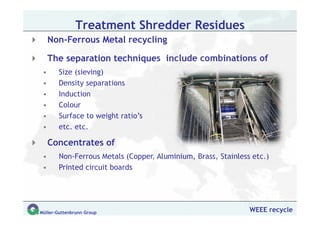Treatment Shredder Residues
     Non-Ferrous Metal recycling

     The separation techniques include combinations of
 •     Size (sieving)
 •     Density separations
 •     Induction
 •     Colour
 •     Surface to weight ratio’s
 •     etc. etc.

     Concentrates of
 •     Non-Ferrous Metals (Copper, Aluminium, Brass, Stainless etc.)
 •     Printed circuit boards




Müller-Guttenbrunn Group                                      WEEE recycle
 