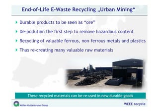 End-of-Life E-Waste Recycling „Urban Mining“

Durable products to be seen as “ore”

De-pollution the first step to remove hazardous content

Recycling of valuable ferrous, non-ferrous metals and plastics

Thus re-creating many valuable raw materials




      These recycled materials can be re-used in new durable goods

Müller-Guttenbrunn Group                                    WEEE recycle
 