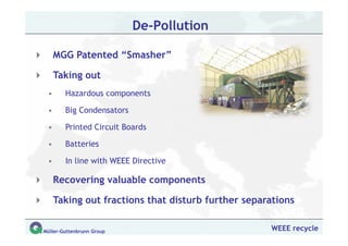 De-Pollution

     MGG Patented “Smasher”

     Taking out
 •      Hazardous components

 •      Big Condensators

 •      Printed Circuit Boards

 •      Batteries

 •      In line with WEEE Directive

     Recovering valuable components

     Taking out fractions that disturb further separations

Müller-Guttenbrunn Group                            WEEE recycle
 