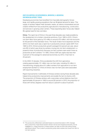 18




     DEVELOPING ECONOMIES: RIDING A RISING
     DEMOGRAPHIC TIDE
     Developing economies have benefited from favorable demographic forces:
     large, and rapidly growing populations that can fill global demand for labor. This
     supply of workers helped meet domestic needs, as nations industrialized and job
     creation shifted from low-productivity agricultural to manufacturing, construction,
     and services in growing urban centers. These expanding labor forces also helped
     fill a global need for low-cost labor.

     China. The rapid rise of China in the past three decades was made possible by
     the development of a modern industrial workforce. From 1980 to 2010, China’s
     non‑farm labor force grew by 315 million to around 475 million, and now accounts
     for 60 percent of the total labor force. The result of labor force expansion and the
     shift to non‑farm work was a rapid rise in productivity and per capita GDP. From
     1990 to 2010, China’s productivity growth averaged 9.8 percent per year, about
     one-fifth of which was driven by workers moving into non‑farm employment—a
     powerful driver of productivity because non‑farm workers were seven times as
     productive as farm workers.14 In 1980, China’s GDP per capita was less than
     3 percent of the average for advanced economies; by 2010, it had risen to
     20 percent.

     In the 2000–10 decade, China accelerated the shift from agriculture,
     creating approximately 121 million new non‑farm jobs, including 33 million in
     manufacturing, bringing about 81 million workers from agriculture to non‑farm
     employment (Exhibit 5). A third of China’s new non‑farm jobs were associated
     with exporting industries.

     Rapid improvements in skill levels of Chinese workers during those decades also
     helped drive productivity improvements and enable the farm-to-factory shift.
     The proportion of Chinese workers with a secondary school diploma rose from
     approximately 50 percent in 1990 to around 60 percent in 2010; the proportion of
     those with tertiary degrees rose from about 2 percent to about 8 percent.




     14	 This productivity differential is estimated based on productivity levels in 2010. Average
         labor productivity of agricultural workers tends to be low and marginal productivity can be
         negligible (i.e., a large proportion of these workers can take non‑farm jobs without losing
         agricultural output). Thus a nation’s productivity jumps when workers are moved from farm to
         non‑farm sectors.
 