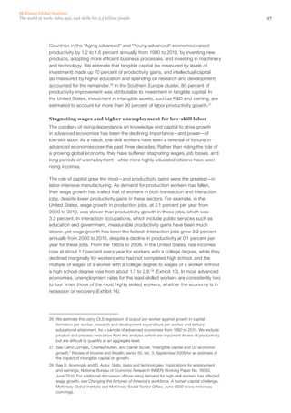 McKinsey Global Institute
The world at work: Jobs, pay, and skills for 3.5 billion people                                                       27




                Countries in the “Aging advanced” and “Young advanced” economies raised
                productivity by 1.2 to 1.6 percent annually from 1990 to 2010, by inventing new
                products, adopting more efficient business processes, and investing in machinery
                and technology. We estimate that tangible capital (as measured by levels of
                investment) made up 70 percent of productivity gains, and intellectual capital
                (as measured by higher education and spending on research and development)
                accounted for the remainder.26 In the Southern Europe cluster, 80 percent of
                productivity improvement was attributable to investment in tangible capital. In
                the United States, investment in intangible assets, such as R&D and training, are
                estimated to account for more than 90 percent of labor productivity growth.27

                Stagnating wages and higher unemployment for low‑skill labor
                The corollary of rising dependence on knowledge and capital to drive growth
                in advanced economies has been the declining importance—and power—of
                low‑skill labor. As a result, low‑skill workers have seen a reversal of fortune in
                advanced economies over the past three decades. Rather than riding the tide of
                a growing global economy, they have suffered stagnating wages, job losses, and
                long periods of unemployment—while more highly educated citizens have seen
                rising incomes.

                The role of capital grew the most—and productivity gains were the greatest—in
                labor-intensive manufacturing. As demand for production workers has fallen,
                their wage growth has trailed that of workers in both transaction and interaction
                jobs, despite lower productivity gains in these sectors. For example, in the
                United States, wage growth in production jobs, at 2.1 percent per year from
                2000 to 2010, was slower than productivity growth in these jobs, which was
                3.2 percent. In interaction occupations, which include public services such as
                education and government, measurable productivity gains have been much
                slower, yet wage growth has been the fastest. Interaction jobs grew 3.2 percent
                annually from 2000 to 2010, despite a decline in productivity at 0.1 percent per
                year for these jobs. From the 1960s to 2008, in the United States, real incomes
                rose at about 1.1 percent every year for workers with a college degree, while they
                declined marginally for workers who had not completed high school, and the
                multiple of wages of a worker with a college degree to wages of a worker without
                a high school degree rose from about 1.7 to 2.8.28 (Exhibit 13). In most advanced
                economies, unemployment rates for the least‑skilled workers are consistently two
                to four times those of the most highly skilled workers, whether the economy is in
                recession or recovery (Exhibit 14).




                26	 We estimate this using OLS regression of output per worker against growth in capital
                    formation per worker, research and development expenditure per worker and tertiary
                    educational attainment, for a sample of advanced economies from 1990 to 2010. We exclude
                    product and process innovation from this analysis, which are important drivers of productivity,
                    but are difficult to quantify at an aggregate level.
                27	 See Carol Corrado, Charles Hulten, and Daniel Sichel, “Intangible capital and US economic
                    growth,” Review of Income and Wealth, series 55, No. 3, September 2009 for an estimate of
                    the impact of intangible capital on growth.
                28	 See D. Acemoglu and D. Autor, Skills, tasks and technologies: Implications for employment
                    and earnings, National Bureau of Economic Research (NBER) Working Paper No. 16082,
                    June 2010. For additional discussion of how rising demand for high‑skill workers has affected
                    wage growth, see Changing the fortunes of America’s workforce: A human-capital challenge,
                    McKinsey Global Institute and McKinsey Social Sector Office, June 2009 (www.mckinsey.
                    com/mgi).
 