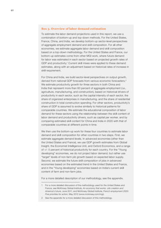 42




     Box 3. Overview of labor demand estimation
     To estimate the labor demand projections used in this report, we use a
     combination of bottom-up and top-down methods. For the United States,
     France, China, and India, we develop bottom-up sector-level perspectives
     of aggregate employment demand and skill composition. For all other
     economies, we estimate aggregate labor demand and skill composition
     based on a top-down methodology. For the United States and France, our
     bottom-up estimates come from other MGI work, where future demand
     for labor was estimated in each sector based on projected growth rates of
     GDP and productivity.1 Current skill mixes were applied to these demand
     estimates, along with an adjustment based on historical rates of increase in
     skill requirement.

     For China and India, we build sector-level perspectives on output growth,
     derived from national GDP forecasts from various economic forecasters.2
     We estimate productivity growth for three sectors in both China and
     India that represent more than 60 percent of aggregate employment (i.e.,
     agriculture, manufacturing, and construction), based on historical drivers of
     productivity in each sector, such as the capital intensity of each sector, the
     share of organized enterprises in manufacturing, and the share of residential
     construction in total construction spending. For other sectors, productivity’s
     share of GDP is assumed to evolve similarly to historical patterns for
     comparable countries. We estimate the educational composition of labor
     demand for these sectors using the relationship between the skill content of
     labor demand and productivity drivers, such as capital per worker, and by
     comparing estimated skill content for China and India in 2020 with that of
     comparable countries at different points in time.

     We then use the bottom-up work for these four countries to estimate labor
     demand and skill composition for other countries in two steps. First, we
     estimate aggregate demand levels. In advanced economies (other than
     the United States and France), we use GDP growth estimates from Global
     Insight, the Economist Intelligence Unit, and Oxford Economics, and a range
     of +/- 5 percent of historical productivity for each country. For the “Young
     developing” economies, we do not project labor demand, but rather use
     “target” levels of non‑farm job growth based on expected labor supply.
     Second, we estimate the future skill composition of jobs in advanced
     economies based on the estimated trend in the United States and France,
     and in the “Young developing” economies based on India’s current skill
     content of farm and non‑farm jobs.

     For a more detailed description of our methodology, see the appendix.

     1	 For a more detailed discussion of the methodology used for the United States and
        France, see McKinsey Global Institute, An economy that works: Job creation and
        America’s future, June 2011, and McKinsey Global Institute, French employment 2020:
        Five priorities for action, May 2012 (www.mckinsey.com/mgi).
     2	 See the appendix for a more detailed discussion of this methodology.
 