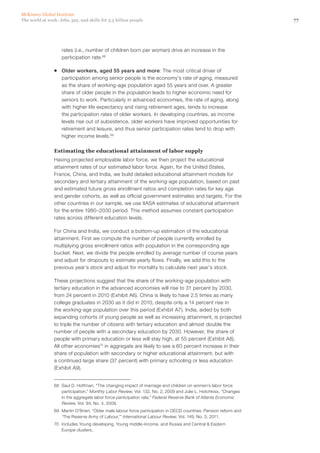 McKinsey Global Institute
The world at work: Jobs, pay, and skills for 3.5 billion people                                                    77




                    rates (i.e., number of children born per woman) drive an increase in the
                    participation rate.68

                ƒƒ Older workers, aged 55 years and more: The most critical driver of
                   participation among senior people is the economy’s rate of aging, measured
                   as the share of working-age population aged 55 years and over. A greater
                   share of older people in the population leads to higher economic need for
                   seniors to work. Particularly in advanced economies, the rate of aging, along
                   with higher life expectancy and rising retirement ages, tends to increase
                   the participation rates of older workers. In developing countries, as income
                   levels rise out of subsistence, older workers have improved opportunities for
                   retirement and leisure, and thus senior participation rates tend to drop with
                   higher income levels.69

                Estimating the educational attainment of labor supply
                Having projected employable labor force, we then project the educational
                attainment rates of our estimated labor force. Again, for the United States,
                France, China, and India, we build detailed educational attainment models for
                secondary and tertiary attainment of the working-age population, based on past
                and estimated future gross enrollment ratios and completion rates for key age
                and gender cohorts, as well as official government estimates and targets. For the
                other countries in our sample, we use IIASA estimates of educational attainment
                for the entire 1980–2030 period. This method assumes constant participation
                rates across different education levels.

                For China and India, we conduct a bottom-up estimation of the educational
                attainment. First we compute the number of people currently enrolled by
                multiplying gross enrollment ratios with population in the corresponding age
                bucket. Next, we divide the people enrolled by average number of course years
                and adjust for dropouts to estimate yearly flows. Finally, we add this to the
                previous year’s stock and adjust for mortality to calculate next year’s stock.

                These projections suggest that the share of the working-age population with
                tertiary education in the advanced economies will rise to 31 percent by 2030,
                from 24 percent in 2010 (Exhibit A6). China is likely to have 2.5 times as many
                college graduates in 2030 as it did in 2010, despite only a 14 percent rise in
                the working-age population over this period (Exhibit A7). India, aided by both
                expanding cohorts of young people as well as increasing attainment, is projected
                to triple the number of citizens with tertiary education and almost double the
                number of people with a secondary education by 2030. However, the share of
                people with primary education or less will stay high, at 55 percent (Exhibit A8).
                All other economies70 in aggregate are likely to see a 60 percent increase in their
                share of population with secondary or higher educational attainment, but with
                a continued large share (37 percent) with primary schooling or less education
                (Exhibit A9).


                68	 Saul D. Hoffman, “The changing impact of marriage and children on women’s labor force
                    participation,” Monthly Labor Review, Vol. 132, No. 2, 2009 and Julie L. Hotchkiss, “Changes
                    in the aggregate labor force participation rate,” Federal Reserve Bank of Atlanta Economic
                    Review, Vol. 94, No. 4, 2009.
                69	 Martin O’Brien, “Older male labour force participation in OECD countries: Pension reform and
                    ‘The Reserve Army of Labour,’” International Labour Review, Vol. 149, No. 3, 2011.
                70	 Includes Young developing, Young middle-income, and Russia and Central & Eastern
                    Europe clusters.
 