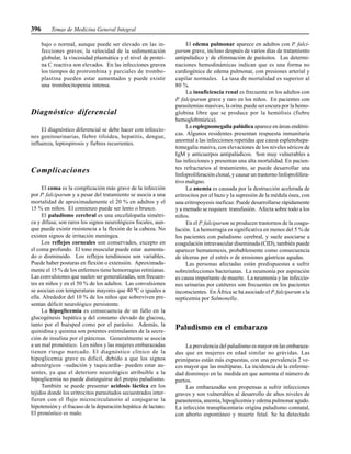 396 Temas de Medicina General Integral
bajo o normal, aunque puede ser elevado en las in-
fecciones graves; la velocidad de la sedimentación
globular, la viscosidad plasmática y el nivel de proteí-
na C reactiva son elevados. En las infecciones graves
los tiempos de protrombina y parciales de trombo-
plastina pueden estar aumentados y puede existir
una trombocitopenia intensa.
Diagnóstico diferencial
El diagnóstico diferencial se debe hacer con infeccio-
nes genitourinarias, fiebre tifoidea, hepatitis, dengue,
influenza, leptospirosis y fiebres recurrentes.
Complicaciones
El coma es la complicación más grave de la infección
por P. falciparum y a pesar del tratamiento se asocia a una
mortalidad de aproximadamente el 20 % en adultos y el
15 % en niños. El comienzo puede ser lento o brusco.
El paludismo cerebral es una encefalopatía simétri-
ca y difusa; son raros los signos neurológicos focales, aun-
que puede existir resistencia a la flexión de la cabeza. No
existen signos de irritación meníngea.
Los reflejos corneales son conservados, excepto en
el coma profundo. El tono muscular puede estar aumenta-
do o disminuido. Los reflejos tendinosos son variables.
Puede haber posturas en flexión o extensión. Aproximada-
mente el 15 % de los enfermos tiene hemorragias retinianas.
Las convulsiones que suelen ser generalizadas, son frecuen-
tes en niños y en el 50 % de los adultos. Las convulsiones
se asocian con temperaturas mayores que 40 ºC o iguales a
ella. Alrededor del 10 % de los niños que sobreviven pre-
sentan déficit neurológico persistente.
La hipoglicemia es consecuencia de un fallo en la
glucogénesis hepática y del consumo elevado de glucosa,
tanto por el huésped como por el parásito. Además, la
quinidina y quinina son potentes estimulantes de la secre-
ción de insulina por el páncreas. Generalmente se asocia
a un mal pronóstico. Los niños y las mujeres embarazadas
tienen riesgo marcado. El diagnóstico clínico de la
hipoglicemia grave es difícil, debido a que los signos
adrenérgicos –sudación y taquicardia– pueden estar au-
sentes, ya que el deterioro neurológico atribuible a la
hipoglicemia no puede distinguirse del propio paludismo.
También se puede presentar acidosis láctica en los
tejidos donde los eritrocitos parasitados secuestrados inter-
fieren con el flujo microcirculatorio al conjugarse la
hipotensión y el fracaso de la depuración hepática de lactato.
El pronóstico es malo.
El edema pulmonar aparece en adultos con P. falci-
parum grave, incluso después de varios días de tratamiento
antipalúdico y de eliminación de parásitos. Las determi-
naciones hemodinámicas indican que es una forma no
cardiogénica de edema pulmonar, con presiones arterial y
capilar normales. La tasa de mortalidad es superior al
80 %.
La insuficiencia renal es frecuente en los adultos con
P. falciparum grave y raro en los niños. En pacientes con
parasitemias masivas, la orina puede ser oscura por la hemo-
globina libre que se produce por la hemólisis (fiebre
hemoglobinúrica).
La esplegnomegalia palúdica aparece en áreas endémi-
cas. Algunos residentes presentan respuesta inmunitaria
anormal a las infecciones repetidas que causa esplenohepa-
tomegalia masiva, con elevaciones de los niveles séricos de
IgM y anticuerpos antipalúdicos. Son muy vulnerables a
las infecciones y presentan una alta mortalidad. En pacien-
tes refractarios al tratamiento, se puede desarrollar una
linfoproliferación clonal, y causar un trastorno linfoprolifera-
tivo maligno.
La anemia es causada por la destrucción acelerada de
eritrocitos por el bazo y la supresión de la médula ósea, con
una eritropoyesis ineficaz. Puede desarrollarse rápidamente
y a menudo se requiere transfusión. Afecta sobre todo a los
niños.
En el P. falciparum se producen trastornos de la coagu-
lación. La hemorragia es significativa en menos del 5 % de
los pacientes con paludismo cerebral, y suele asociarse a
coagulación intravascular diseminada (CID), también puede
aparecer hematemesis, probablemente como consecuencia
de úlceras por el estrés o de erosiones gástricas agudas.
Las personas afectadas están predispuestas a sufrir
sobreinfecciones bacterianas. La neumonía por aspiración
es causa importante de muerte. La neumonía y las infeccio-
nes urinarias por catéteres son frecuentes en los pacientes
inconscientes. En África se ha asociado el P. falciparum a la
septicemia por Salmonella.
Paludismo en el embarazo
La prevalencia del paludismo es mayor en las embaraza-
das que en mujeres en edad similar no grávidas. Las
primíparas están más expuestas, con una prevalencia 2 ve-
ces mayor que las multíparas. La incidencia de la enferme-
dad disminuye en la medida en que aumenta el número de
partos.
Las embarazadas son propensas a sufrir infecciones
graves y son vulnerables al desarrollo de altos niveles de
parasitemia, anemia, hipoglicemia y edema pulmonar agudo.
La infección transplacentaria origina paludismo connatal,
con aborto espontáneo y muerte fetal. Se ha detectado
 