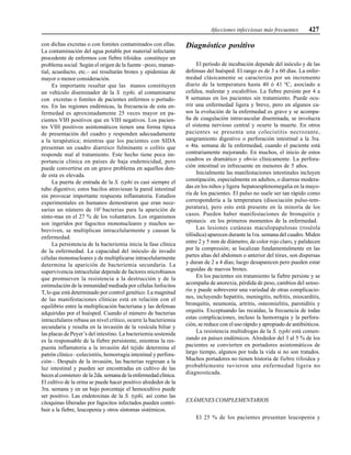 Afecciones infecciosas más frecuentes 427
con dichas excretas o con fomites contaminados con ellas.
La contaminación del agua potable por material infectante
procedente de enfermos con fiebre tifoidea constituye un
problema social. Según el origen de la fuente –pozo, manan-
tial, acueducto, etc.– así resultarán brotes y epidemias de
mayor o menor consideración.
Es importante resaltar que las manos constituyen
un vehículo diseminador de la S. typhi, al contaminarse
con excretas o fomites de pacientes enfermos o portado-
res. En las regiones endémicas, la frecuencia de esta en-
fermedad es aproximadamente 25 veces mayor en pa-
cientes VIH positivos que en VIH negativos. Los pacien-
tes VIH positivos asintomáticos tienen una forma típica
de presentación del cuadro y responden adecuadamente
a la terapéutica; mientras que los pacientes con SIDA
presentan un cuadro diarreico fulminante o colitis que
responde mal al tratamiento. Este hecho tiene poca im-
portancia clínica en países de baja endemicidad, pero
puede convertirse en un grave problema en aquellos don-
de esta es elevada.
La puerta de entrada de la S. typhi es casi siempre el
tubo digestivo; estos bacilos atraviesan la pared intestinal
sin provocar importante respuesta inflamatoria. Estudios
experimentales en humanos demostraron que eran nece-
sarias un número de 105
bacterias para la aparición de
sínto-mas en el 27 % de los voluntarios. Los organismos
son ingeridos por fagocitos mononucleares y muchos so-
breviven, se multiplican intracelularmente y causan la
enfermedad.
La persistencia de la bacteriemia inicia la fase clínica
de la enfermedad. La capacidad del inóculo de invadir
células mononucleares y de multiplicarse intracelularmente
determina la aparición de bacteriemia secundaria. La
supervivencia intracelular depende de factores microbianos
que promueven la resistencia a la destrucción y de la
estimulación de la inmunidad mediada por células linfocitos
T, lo que está determinado por control genético. La magnitud
de las manifestaciones clínicas está en relación con el
equilibrio entre la multiplicación bacteriana y las defensas
adquiridas por el huésped. Cuando el número de bacterias
intracelulares rebasa un nivel crítico, ocurre la bacteriemia
secundaria y resulta en la invasión de la vesícula biliar y
las placas de Peyer’s del intestino. La bacteriemia sostenida
es la responsable de la fiebre persistente, mientras la res-
puesta inflamatoria a la invasión del tejido determina el
patrón clínico –colecistitis, hemorragia intestinal y perfora-
ción–. Después de la invasión, las bacterias regresan a la
luz intestinal y pueden ser encontradas en cultivo de las
hecesalcomienzo dela2da.semanadelaenfermedadclínica.
El cultivo de la orina se puede hacer positivo alrededor de la
3ra. semana y en un bajo porcentaje el hemocultivo puede
ser positivo. Las endotoxinas de la S. typhi, así como las
citoquinas liberadas por fagocitos infectados pueden contri-
buir a la fiebre, leucopenia y otros síntomas sistémicos.
Diagnóstico positivo
El período de incubación depende del inóculo y de las
defensas del huésped. El rango es de 3 a 60 días. La enfer-
medad clásicamente se caracteriza por un incremento
diario de la temperatura hasta 40 ó 41 0
C, asociado a
cefalea, malestar y escalofríos. La fiebre persiste por 4 a
8 semanas en los pacientes sin tratamiento. Puede ocu-
rrir una enfermedad ligera y breve, pero en algunos ca-
sos la evolución de la enfermedad es grave y se acompa-
ña de coagulación intravascular diseminada, se involucra
el sistema nervioso central y ocurre la muerte. En otros
pacientes se presenta una colecistitis necrozante,
sangramiento digestivo o perforación intestinal a la 3ra.
o 4ta. semana de la enfermedad, cuando el paciente está
contrariamente mejorando. En muchos, el inicio de estos
cuadros es dramático y obvio clínicamente. La perfora-
ción intestinal es infrecuente en menores de 5 años.
Inicialmente las manifestaciones intestinales incluyen
constipación, especialmente en adultos, o diarreas modera-
das en los niños y ligera hepatoesplenomegalia en la mayo-
ría de los pacientes. El pulso no suele ser tan rápido como
correspondería a la temperatura (disociación pulso-tem-
peratura), pero esto está presente en la minoría de los
casos. Pueden haber manifestaciones de bronquitis y
epistaxis en los primeros momentos de la enfermedad.
Las lesiones cutáneas maculopapulosas (roséola
tifóidica) aparecen durante la 1ra. semana del cuadro. Miden
entre 2 y 5 mm de diámetro, de color rojo claro, y palidecen
por la compresión; se localizan fundamentalmente en las
partes altas del abdomen o anterior del tórax, son dispersas
y duran de 2 a 4 días; luego desaparecen pero pueden estar
seguidas de nuevos brotes.
En los pacientes sin tratamiento la fiebre persiste y se
acompaña de anorexia, pérdida de peso, cambios del senso-
rio y puede sobrevenir una variedad de otras complicacio-
nes, incluyendo hepatitis, meningitis, nefritis, miocarditis,
bronquitis, neumonía, artritis, osteomielitis, parotiditis y
orquitis. Exceptuando las recaídas, la frecuencia de todas
estas complicaciones, incluso la hemorragia y la perfora-
ción, se reduce con el uso rápido y apropiado de antibióticos.
La resistencia multidrogas de la S. typhi está comen-
zando en países endémicos. Alrededor del 3 al 5 % de los
pacientes se convierten en portadores asintomáticos de
largo tiempo, algunos por toda la vida si no son tratados.
Muchos portadores no tienen historia de fiebre tifoidea y
probablemente tuvieron una enfermedad ligera no
diagnosticada.
EXÁMENES COMPLEMENTARIOS
El 25 % de los pacientes presentan leucopenia y
 
