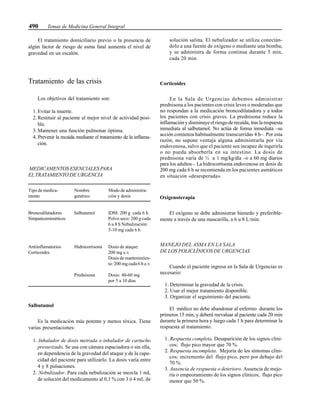 490 Temas de Medicina General Integral
El tratamiento domiciliario previo o la presencia de
algún factor de riesgo de asma fatal aumenta el nivel de
gravedad en un escalón.
Tratamiento de las crisis
Los objetivos del tratamiento son:
1. Evitar la muerte.
2. Restituir al paciente al mejor nivel de actividad posi-
ble.
3. Mantener una función pulmonar óptima.
4. Prevenir la recaída mediante el tratamiento de la inflama-
ción.
MEDICAMENTOS ESENCIALES PARA
EL TRATAMIENTO DE URGENCIA
Tipo de medica- Nombre Modo de administra-
mento genérico ción y dosis
Broncodilatadores Salbutamol IDM: 200 g cada 6 h
Simpaticomiméticos Polvo seco: 200 g cada
6 u 8 h Nebulización:
5-10 mg cada 6 h
Antiinflamatorios Hidrocortisona Dosis de ataque:
Corticoides 200 mg e.v.
Dosis de mantenimien-
to: 200 mg cada 6 h e.v.
Prednisona Dosis: 40-60 mg
por 5 a 10 días
Salbutamol
Es la medicación más potente y menos tóxica. Tiene
varias presentaciones:
1. Inhalador de dosis metrada o inhalador de cartucho
presurizado. Se usa con cámara espaciadora o sin ella,
en dependencia de la gravedad del ataque y de la capa-
cidad del paciente para utilizarlo. La dosis varía entre
4 y 8 pulsaciones.
2. Nebulizador. Para cada nebulización se mezcla 1 mL
de solución del medicamento al 0,1 % con 3 ó 4 mL de
solución salina. El nebulizador se utiliza conectán-
dolo a una fuente de oxígeno o mediante una bomba,
y se administra de forma continua durante 5 min,
cada 20 min.
Corticoides
En la Sala de Urgencias debemos administrar
prednisona a los pacientes con crisis leves o moderadas que
no respondan a la medicación broncodilatadora y a todos
los pacientes con crisis graves. La prednisona reduce la
inflamación y disminuye el riesgo de recaída, tras la respuesta
inmediata al salbutamol. No actúa de forma inmediata –su
acción comienza habitualmente transcurridas 4 h–. Por esta
razón, no supone ventaja alguna administrarla por vía
endovenosa, salvo que el paciente sea incapaz de ingerirla
o no pueda absorberla en su intestino. La dosis de
prednisona varía de ½ a 1 mg/kg/día –o a 60 mg diarios
para los adultos–. La hidrocortisona endovenosa en dosis de
200 mg cada 6 h se recomienda en los pacientes asmáticos
en situación «desesperada».
Oxigenoterapia
El oxígeno se debe administrar húmedo y preferible-
mente a través de una mascarilla, a 6 u 8 L/min.
MANEJO DEL ASMA EN LA SALA
DE LOS POLICLÍNICOS DE URGENCIAS
Cuando el paciente ingresa en la Sala de Urgencias es
necesario:
1. Determinar la gravedad de la crisis.
2. Usar el mejor tratamiento disponible.
3. Organizar el seguimiento del paciente.
El médico no debe abandonar al enfermo durante los
primeros 15 min, y deberá reevaluar al paciente cada 20 min
durante la primera hora y luego cada 1 h para determinar la
respuesta al tratamiento:
1. Respuesta completa. Desaparición de los signos clíni-
cos; flujo pico mayor que 70 %.
2. Respuesta incompleta. Mejoría de los síntomas clíni-
cos; incremento del flujo pico, pero por debajo del
70 %.
3. Ausencia de respuesta o deterioro. Ausencia de mejo-
ría o empeoramiento de los signos clínicos; flujo pico
menor que 50 %.
 