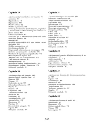 XXX
Capítulo 29
Afecciones endocrinometabólicas más frecuentes 841
Amenorreas 841
Hipertiroidismo 845
Hipotiroidismo 849
Diabetes mellitus 852
Medidas de prevención 852
Normas y procedimientos para la detección, diagnóstico
y clasificación de la diabetes mellitus y de la tolerancia a la
glucosa alterada 853
Cetoacidosis diabética 862
Situaciones que se deben tener en cuenta frente a una
cetoacidosis diabética 866
Obesidad 867
Definición y determinación de la grasa corporal y de su
distribución 868
Medidas antropométricas 868
Prevalencia de obesidad 869
Riesgos para la salud asociados al exceso de peso 870
Problemas sociales asociados a la obesidad 871
Distribución de la grasa y riesgos para la salud 871
Obesidad y función orgánica 871
¿Mejora la salud con el adelgazamiento? 872
Tipos clínicos de obesidad 872
Dislipoproteinemias 874
Detección del paciente dislipoproteinémico 876
Determinaciones lipídicas y lipoproteicas 876
Bibliografía consultada 881
Capítulo 30
Afecciones oculares más frecuentes 883
Disminución de la capacidad visual 883
Glaucoma 884
Cataratas 885
Síndrome del ojo rojo 885
Enfermedades inflamatorias 887
Orzuelo 887
Blefaritis 888
Conjuntivitis 889
Traumatismos oculares 891
Prevención 892
Retinopatías 892
Arterioloesclerótica 892
Arteriosclerótica 892
Hipertensiva 892
Diabética 893
Prevención de la retinopatía 893
Ceguera 894
Bibliografía consultada 894
Capítulo 31
Afecciones neurológicas más frecuentes 895
Enfermedad cerebrovascular 895
Ataque transitorio de isquemia 897
Ictus cerebral 898
Infarto cerebral 899
Hemorragia intraparenquimatosa 907
Hemorragia subaracnoidea 908
Neuropatías periféricas 910
Cefalea 911
Cefalea aguda 912
Cefalea crónica 913
Enfermedad de Parkinson 917
Epilepsias 921
Parálisis facial periférica 937
Parálisis cerebral infantil 937
Coma 942
Bibliografía consultada 945
Capítulo 32
Afecciones más frecuentes del tejido conectivo y de las
articulaciones 947
Artritis reumatoidea 947
Artritis reactiva 950
Lupus eritematoso sistémico 952
Esclerosis sistémica progresiva 955
Bibliografía consultada 957
Capítulo 33
Afecciones más frecuentes del sistema osteomioarticu-
lar 959
Esguince 959
Sacrolumbalgia 960
Hernia discal 962
Enfermedad de Leeg-Calvé-Perthes 964
Tortícolis aguda 966
Tendinitis y tendosinovitis 967
Ganglión 967
Bibliografía consultada 968
Capítulo 34
Afecciones más frecuentes de la piel 969
Herpes simple 969
Herpes zoster 970
Pitiriasis rosada de Gilbert 972
Urticaria 972
Larva migrans 973
 