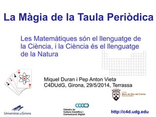 http://c4d.udg.edu
La Màgia de la Taula Periòdica
Les Matemàtiques són el llenguatge de
la Ciència, i la Ciència és el llenguatge
de la Natura
Miquel Duran i Pep Anton Vieta
C4DUdG, Girona, 29/5/2014, Terrassa
 