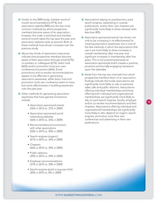 Similar to the 2009 study, member word-of-        Associations relying on paid banners, paid
mouth recommendations (91%) and                   search engines, advertising in outside
association website (88%) are the two most        publications, and/or their own chapters are
common methods by which prospective               significantly more likely to show renewal rates
members become aware of an association;           less than 80%.
however, the order is switched and member
                                                  Association-sponsored events has shown not
word-of-mouth takes the top spot this year and
                                                  only to be increasing in its effectiveness for
association website ranks as second. Both of
                                                  creating association awareness, but is one of
these methods have shown increases over the
                                                  the few methods in which the associations that
previous study.
                                                  use it are more likely to show increases in
About two-thirds of association executives        overall membership after one year and
indicate that prospective members become          significant increases in membership after five
aware of their association through email (67%),   years. This is not surprising because an
co-workers or colleagues (67%), direct mail       association-sponsored event creates a positive,
(66%) and/or promotion to/at your own             proactive and socially-engaging impression
conference/convention (66%). Email                upon the attendee.
promotions and co-worker recommendations
                                                  Aside from the top two channels from which
appear to be effective in generating
                                                  prospective members learn of an association,
association awareness, while direct mail and
                                                  findings indicate that trade associations are
promotion to/at own conference seem to have
                                                  significantly more likely to rely on personal
lost some effectiveness in building awareness
                                                  sales calls and public relations. Associations
over the past year.
                                                  offering individual memberships and those
Other methods for generating association          offering both individual and organizational
awareness that have gained momentum               memberships are significantly more likely to
include:                                          rely on paid search engines, faculty, employer
                                                  and/or co-worker recommendations and their        13
     • Association-sponsored events
                                                  chapters. Associations offering individual and
       (56% in 2010 vs. 37% in 2009)
                                                  organizational memberships are significantly
     • Association-sponsored social               more likely to also depend on organic search
       networking websites                        engines, promotion to/at their own
       (56% in 2010 vs. 35% in 2009)              conferences and advertising in their own
                                                  publications.
     • Recommendations/connections
       with other associations
       (50% in 2010 vs. 40% in 2009)
     • Search engines (organic)
       (47% in 2010 vs. 34% in 2009)
     • Chapters
       (46% in 2010 vs. 39% in 2009)
     • Public relations
       (39% in 2010 vs. 29% in 2009)
     • Employer recommendations
       (37% in 2010 vs. 30% in 2009)
     • Search engines (paid or pay-per-click)
       (20% in 2010 vs. 8% in 2009)




                             www.marketinggeneral.com
 