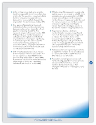 Unlike in the previous study, price is not the      While the forgetfulness aspect is considered a
top driver responsible for non-renewals; in fact,   leading cause of non-renewal by only 6% of the
one-third of the association executives indicate    association executives, associations with 80%
that they believe members do not renew              renewal rates or higher, overall increases in
because they perceive a lack of value in the        membership over the past year and/or the past
organization. This is an increase of about 80%.     five years, increases in new members and/or
                                                    renewals are significantly more likely to
One-quarter of association professionals
                                                    indicate that membership lapses are due to
indicate they believe members do not renew
                                                    the fact that members simply forgot to renew.
because employers have stopped or will not
pay for membership dues (25%). This                 Respondents indicating a decline in
represents only a small increase from the 2009      membership after five years are significantly
findings. Individual member associations as         more likely than associations showing growth
well as those offering both individual and          to indicate that members do not renew
organizational memberships are significantly        because of a perceived lack of value (45%:
more likely to report this as the reason for        decline after 5 years vs. 32%: growth after 5
members not renewing, compared to                   years). This may suggest that an association’s
associations offering only organizational/trade     value proposition should be enhanced or
memberships (32%: individual and 22%: both          reviewed to help retain members.
vs. 11%: organizational/trade).
                                                    Trade associations are significantly more likely
Only 11% of association executives indicate         to report that members do not renew because
that members do not renew because the dues          of a perceived lack of value (50%: trade vs.
are too expensive, a drop of 50% from the           29%: individual and 37%: both).
previous study (11% in 2010 vs. 22% in 2009).
                                                    Associations indicating declines in overall
Furthermore, only about 6% feel that members
                                                    membership figures and/or member renewals
simply forget to renew, also a decline by
almost 50% (6% in 2010 vs. 11% in 2009).
                                                    are significantly more likely to believe           29
                                                    members do not renew because their
                                                    employers will not pay or have stopped paying
                                                    the dues.




                              www.marketinggeneral.com
 