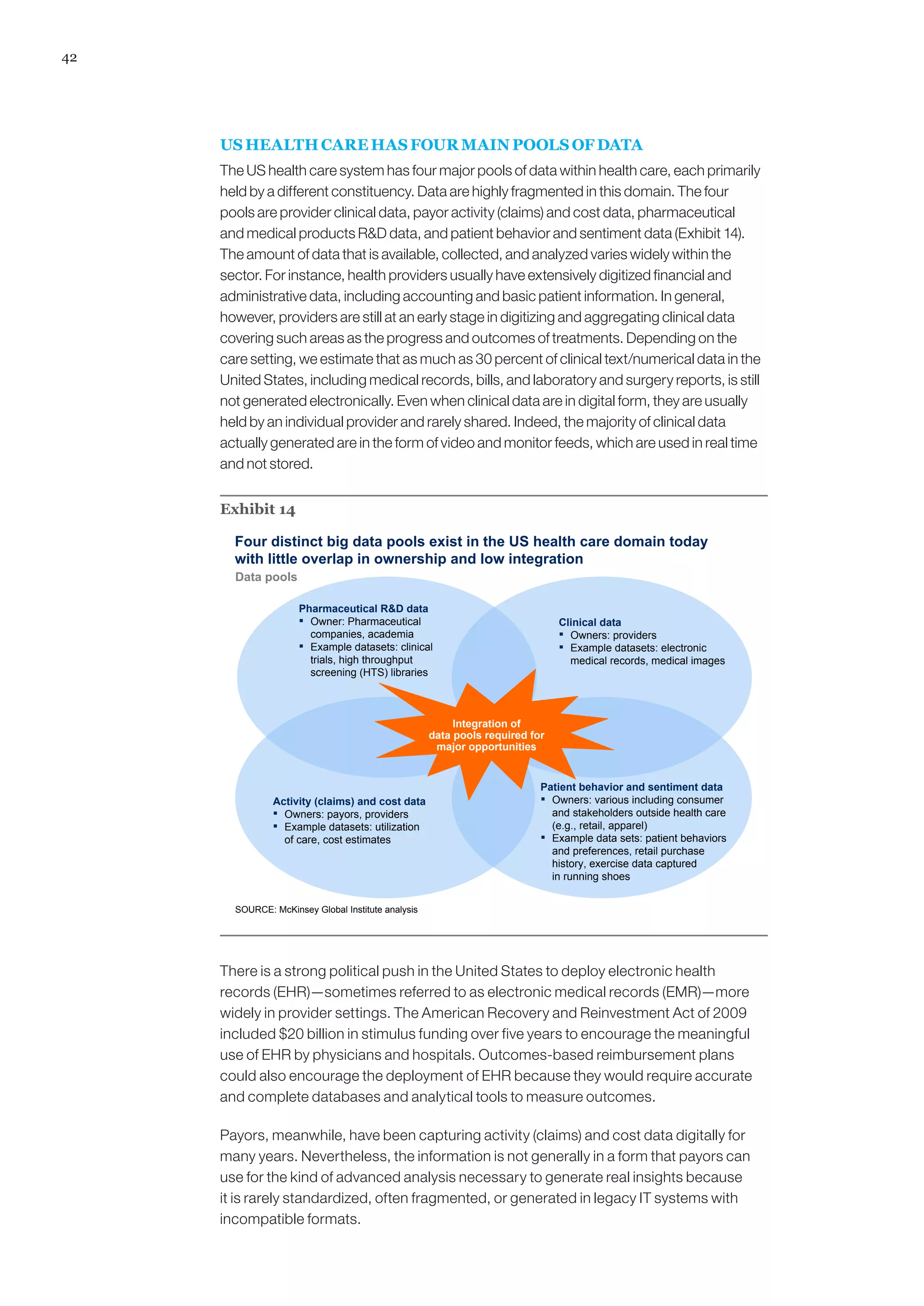 42




     US HEALTH CARE HAS FOUR MAIN POOLS OF DATA
     The US health care system has four major pools of data within health care, each primarily
     held by a different constituency. Data are highly fragmented in this domain. The four
     pools are provider clinical data, payor activity (claims) and cost data, pharmaceutical
     and medical products RD data, and patient behavior and sentiment data (Exhibit 14).
     The amount of data that is available, collected, and analyzed varies widely within the
     sector. For instance, health providers usually have extensively digitized financial and
     administrative data, including accounting and basic patient information. In general,
     however, providers are still at an early stage in digitizing and aggregating clinical data
     covering such areas as the progress and outcomes of treatments. Depending on the
     care setting, we estimate that as much as 30 percent of clinical text/numerical data in the
     United States, including medical records, bills, and laboratory and surgery reports, is still
     not generated electronically. Even when clinical data are in digital form, they are usually
     held by an individual provider and rarely shared. Indeed, the majority of clinical data
     actually generated are in the form of video and monitor feeds, which are used in real time
     and not stored.


     Exhibit 14

       Four distinct big data pools exist in the US health care domain today
       with little overlap in ownership and low integration
       Data pools

                     Pharmaceutical RD data
                     ▪ Owner: Pharmaceutical                                  Clinical data
                       companies, academia                                    ▪ Owners: providers
                     ▪ Example datasets: clinical                             ▪ Example datasets: electronic
                       trials, high throughput                                  medical records, medical images
                       screening (HTS) libraries



                                                         Integration of
                                                    data pools required for
                                                     major opportunities


                                                                          Patient behavior and sentiment data
               Activity (claims) and cost data                            ▪ Owners: various including consumer
               ▪ Owners: payors, providers                                  and stakeholders outside health care
               ▪ Example datasets: utilization                              (e.g., retail, apparel)
                 of care, cost estimates                                  ▪ Example data sets: patient behaviors
                                                                            and preferences, retail purchase
                                                                            history, exercise data captured
                                                                            in running shoes


       SOURCE: McKinsey Global Institute analysis




     There is a strong political push in the United States to deploy electronic health
     records (EHR)—sometimes referred to as electronic medical records (EMR)—more
     widely in provider settings. The American Recovery and Reinvestment Act of 2009
     included $20 billion in stimulus funding over five years to encourage the meaningful
     use of EHR by physicians and hospitals. Outcomes-based reimbursement plans
     could also encourage the deployment of EHR because they would require accurate
     and complete databases and analytical tools to measure outcomes.

     Payors, meanwhile, have been capturing activity (claims) and cost data digitally for
     many years. Nevertheless, the information is not generally in a form that payors can
     use for the kind of advanced analysis necessary to generate real insights because
     it is rarely standardized, often fragmented, or generated in legacy IT systems with
     incompatible formats.
 