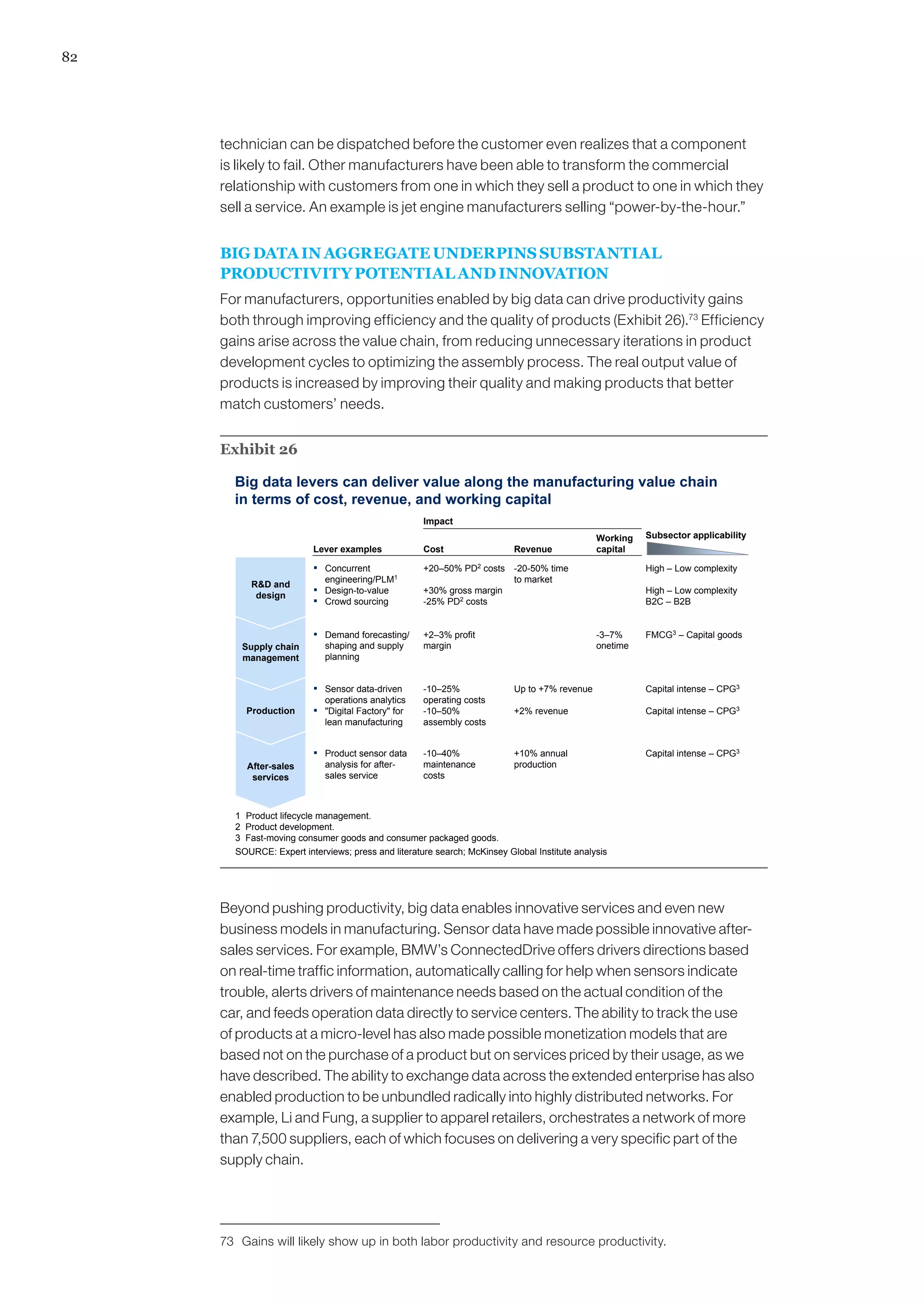 82




     technician can be dispatched before the customer even realizes that a component
     is likely to fail. Other manufacturers have been able to transform the commercial
     relationship with customers from one in which they sell a product to one in which they
     sell a service. An example is jet engine manufacturers selling “power-by-the-hour.”


     BIG DATA IN AGGREGATE UNDERPINS SUBSTANTIAL
     PRODUCTIVITY POTENTIAL AND INNOVATION
     For manufacturers, opportunities enabled by big data can drive productivity gains
     both through improving efficiency and the quality of products (Exhibit 26).73 Efficiency
     gains arise across the value chain, from reducing unnecessary iterations in product
     development cycles to optimizing the assembly process. The real output value of
     products is increased by improving their quality and making products that better
     match customers’ needs.


     Exhibit 26

       Big data levers can deliver value along the manufacturing value chain
       in terms of cost, revenue, and working capital
                                                     Impact
                                                                                              Working   Subsector applicability
                         Lever examples              Cost                 Revenue             capital

                         ▪ Concurrent                +20–50% PD2 costs -20-50% time                     High – Low complexity
                             engineering/PLM1                          to market
          RD and
           design
                         ▪   Design-to-value         +30% gross margin                                  High – Low complexity
                         ▪   Crowd sourcing          -25% PD costs
                                                            2                                           B2C – B2B


                         ▪ Demand forecasting/       +2–3% profit                             -3–7%     FMCG3 – Capital goods
         Supply chain        shaping and supply      margin                                   onetime
         management          planning


                         ▪ Sensor data-driven        -10–25%              Up to +7% revenue             Capital intense – CPG3
                             operations analytics    operating costs
         Production      ▪   Digital Factory for   -10–50%              +2% revenue                   Capital intense – CPG3
                             lean manufacturing      assembly costs


                         ▪ Product sensor data       -10–40%              +10% annual                   Capital intense – CPG3
          After-sales        analysis for after-     maintenance          production
           services          sales service           costs



       1 Product lifecycle management.
       2 Product development.
       3 Fast-moving consumer goods and consumer packaged goods.
       SOURCE: Expert interviews; press and literature search; McKinsey Global Institute analysis




     Beyond pushing productivity, big data enables innovative services and even new
     business models in manufacturing. Sensor data have made possible innovative after-
     sales services. For example, BMW’s ConnectedDrive offers drivers directions based
     on real-time traffic information, automatically calling for help when sensors indicate
     trouble, alerts drivers of maintenance needs based on the actual condition of the
     car, and feeds operation data directly to service centers. The ability to track the use
     of products at a micro-level has also made possible monetization models that are
     based not on the purchase of a product but on services priced by their usage, as we
     have described. The ability to exchange data across the extended enterprise has also
     enabled production to be unbundled radically into highly distributed networks. For
     example, Li and Fung, a supplier to apparel retailers, orchestrates a network of more
     than 7,500 suppliers, each of which focuses on delivering a very specific part of the
     supply chain.




     73	 Gains will likely show up in both labor productivity and resource productivity.
 