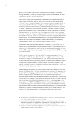 104
world to capture value from big data, with the most acute needs in the first and
second categories.88
Given the amount of data on talent readily available, we used
the US labor market to test this hypothesis.89
The US labor market has historically had a high level of graduates with degrees in
the so-called STEM fields: science, technology, engineering, and mathematics.
However, in recent years, the supply of such graduates has been sluggish at a time
when demand for them has been rising. For example, at the peak of the last US
economic expansion, employment for mathematics-related occupations increased
by almost 4 percent and their real wages increased 1 percent; at this time national
employment increased by only 1.5 percent and real wages rose by only 0.6 percent.90
During this period, the number of advanced degrees conferred in math, statistics,
and engineering declined by around 2 percent. In the future, the need for talent able
to deal with big data will, in fact, be much more specific than simply STEM graduates.
For this reason, we conducted a detailed analysis comparing potential demand for
the first two categories of big data talent—deep analytical talent and data-savvy
managers and analysts—with projected supply on current trends.
In the case of deep analytical talent, we used US Bureau of Labor Statistics (BLS)
data on current occupations to analyze the supply of talent in the US workforce. The
data were from 2008, the latest year for which complete data are available. We used
existing BLS models to project the supply of deep analytical talent in 2018, assuming
current trends hold.
We then used two separate analytical models to triangulate a perspective on the
potential demand for deep analytical talent, assuming that companies across the
economy fully adopt big data techniques by 2018. We based the first of these two
models on an adaptation of the BLS model to account for varying degrees of growth
in deep analytical talent based on the data intensity of different companies. We
based the second model on the required numbers of deep analytic talent in different
industries according to company size.
We estimate that the supply in the United States of deep analytical talent in 2008 was
around 150,000 positions. If we take into account current trends in new graduates with
deep analytical training (e.g., people taking graduate courses in statistics or machine
learning, a subspecialty of computer science, or students taking such courses
designed for their last year of undergraduate education) and immigration, this total rises
to about 300,000. However, in a big data world, we expect demand for deep analytical
talent could reach 440,000 to 490,000 positions in 2018—that’s a talent gap in this
category alone of 140,000 to 190,000 positions. In short, the United States will need
an additional supply of this class of talent of 50 to 60 percent (Exhibit 35). Developing
deep analytical skills requires an intrinsic aptitude in mathematics for starters, and then
takes years of training. Addressing the talent shortage will not happen overnight, and
the search for deep analytical talent that has already begun can only intensify.
88	 We also did not prioritize the analysis of the supporting IT talent because other researchers
have researched and debated this issue extensively.
89	 In general, we found detailed occupational data on categories of knowledge workers to be
relatively scarce outside the United States. See chapter on “Implications for policy makers” for
a recommendation that more detailed data on these categories be collected.
90	 Standard Occupational Classification (SOC) 15: Computer and mathematical occupations as
defined by the US Bureau of Labor Statistics.
 
