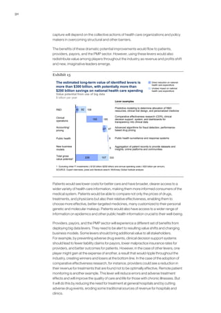 50
capture will depend on the collective actions of health care organizations and policy
makers in overcoming structural and other barriers.
The benefits of these dramatic potential improvements would flow to patients,
providers, payors, and the PMP sector. However, using these levers would also
redistribute value among players throughout the industry as revenue and profits shift
and new, imaginative leaders emerge.
Exhibit 15
The estimated long-term value of identified levers is
more than $300 billion, with potentially more than
$200 billion savings on national health care spending
226
165
107
82RD 10825
Total gross
value potential1 333
New business
models
5
Public health 9
Accounting/
pricing
4727
Clinical
operations
165
Direct reduction on national
health care expenditure
SOURCE: Expert interviews; press and literature search; McKinsey Global Institute analysis
1 Excluding initial IT investments (~$120 billion–$200 billion) and annual operating costs (~$20 billion per annum).
Predictive modeling to determine allocation of RD
resources, clinical trial design, and personalized medicine
Aggregation of patient records to provide datasets and
insights; online platforms and communities
Comparative effectiveness research (CER), clinical
decision support system, and dashboards for
transparency into clinical data
Advanced algorithms for fraud detection, performance-
based drug pricing
Public health surveillance and response systems
Value potential from use of big data
$ billion per year
Unclear impact on national
health care expenditure
Lever examples
Patients would see lower costs for better care and have broader, clearer access to a
wider variety of health care information, making them more informed consumers of the
medical system. Patients would be able to compare not only the prices of drugs,
treatments, and physicians but also their relative effectiveness, enabling them to
choose more effective, better-targeted medicines, many customized to their personal
genetic and molecular makeup. Patients would also have access to a wider range of
information on epidemics and other public health information crucial to their well-being.
Providers, payors, and the PMP sector will experience a different set of benefits from
deploying big data levers. They need to be alert to resulting value shifts and changing
business models. Some levers should bring additional value to all stakeholders.
For example, by preventing adverse drug events, clinical decision support systems
should lead to fewer liability claims for payors, lower malpractice insurance rates for
providers, and better outcomes for patients. However, in the case of other levers, one
player might gain at the expense of another, a result that would ripple throughout the
industry, creating winners and losers at the bottom line. In the case of the adoption of
comparative effectiveness research, for instance, providers could see a reduction in
their revenue for treatments that are found not to be optimally effective. Remote patient
monitoring is another example. This lever will reduce errors and adverse treatment
effects and will improve the quality of care and life for those with chronic illnesses. But
it will do this by reducing the need for treatment at general hospitals and by cutting
adverse drug events, eroding some traditional sources of revenue for hospitals and
clinics.
 