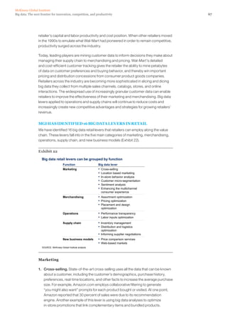 67Big data: The next frontier for innovation, competition, and productivity
McKinsey Global Institute
retailer’s capital and labor productivity and cost position. When other retailers moved
in the 1990s to emulate what Wal-Mart had pioneered in order to remain competitive,
productivity surged across the industry.
Today, leading players are mining customer data to inform decisions they make about
managing their supply chain to merchandising and pricing. Wal-Mart’s detailed
and cost-efficient customer tracking gives the retailer the ability to mine petabytes
of data on customer preferences and buying behavior, and thereby win important
pricing and distribution concessions from consumer product goods companies.
Retailers across the industry are becoming more sophisticated in slicing and dicing
big data they collect from multiple sales channels, catalogs, stores, and online
interactions. The widespread use of increasingly granular customer data can enable
retailers to improve the effectiveness of their marketing and merchandising. Big data
levers applied to operations and supply chains will continue to reduce costs and
increasingly create new competitive advantages and strategies for growing retailers’
revenue.
MGI HAS IDENTIFIED 16 BIG DATA LEVERS IN RETAIL
We have identified 16 big data retail levers that retailers can employ along the value
chain. These levers fall into in the five main categories of marketing, merchandising,
operations, supply chain, and new business models (Exhibit 22).
Exhibit 22
Big data retail levers can be grouped by function
Function Big data lever
Marketing ▪ Cross-selling
▪ Location based marketing
▪ In-store behavior analysis
▪ Customer micro-segmentation
▪ Sentiment analysis
▪ Enhancing the multichannel
consumer experience
▪ Assortment optimization
▪ Pricing optimization
▪ Placement and design
optimization
Operations ▪ Performance transparency
▪ Labor inputs optimization
Supply chain ▪ Inventory management
▪ Distribution and logistics
optimization
▪ Informing supplier negotiations
Merchandising
SOURCE: McKinsey Global Institute analysis
▪ Price comparison services
▪ Web-based markets
New business models
Marketing
1. 	 Cross-selling. State-of-the-art cross-selling uses all the data that can be known
about a customer, including the customer’s demographics, purchase history,
preferences, real-time locations, and other facts to increase the average purchase
size. For example, Amazon.com employs collaborative filtering to generate
“you might also want” prompts for each product bought or visited. At one point,
Amazon reported that 30 percent of sales were due to its recommendation
engine. Another example of this lever is using big data analyses to optimize
in-store promotions that link complementary items and bundled products.
 