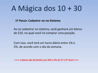 A Mágica dos 10 + 30
 1º Passo: Cadastre–se no Sistema

Ao se cadastrar no sistema, você ganhará um bónus
de $10, no qual você irá comprar uma posição.


Com isso, você terá um lucro diário entre 1% e
2%, de acordo com o dia da semana.


<<<< o bónus não dá direito aos 10% e 5% do 1º e 2º nível >>>>
 