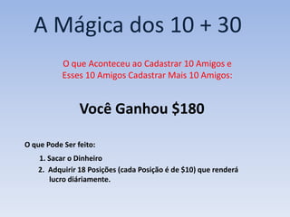 A Mágica dos 10 + 30
           O que Aconteceu ao Cadastrar 10 Amigos e
           Esses 10 Amigos Cadastrar Mais 10 Amigos:


                Você Ganhou $180

O que Pode Ser feito:
    1. Sacar o Dinheiro
    2. Adquirir 18 Posições (cada Posição é de $10) que renderá
       lucro diáriamente.
 