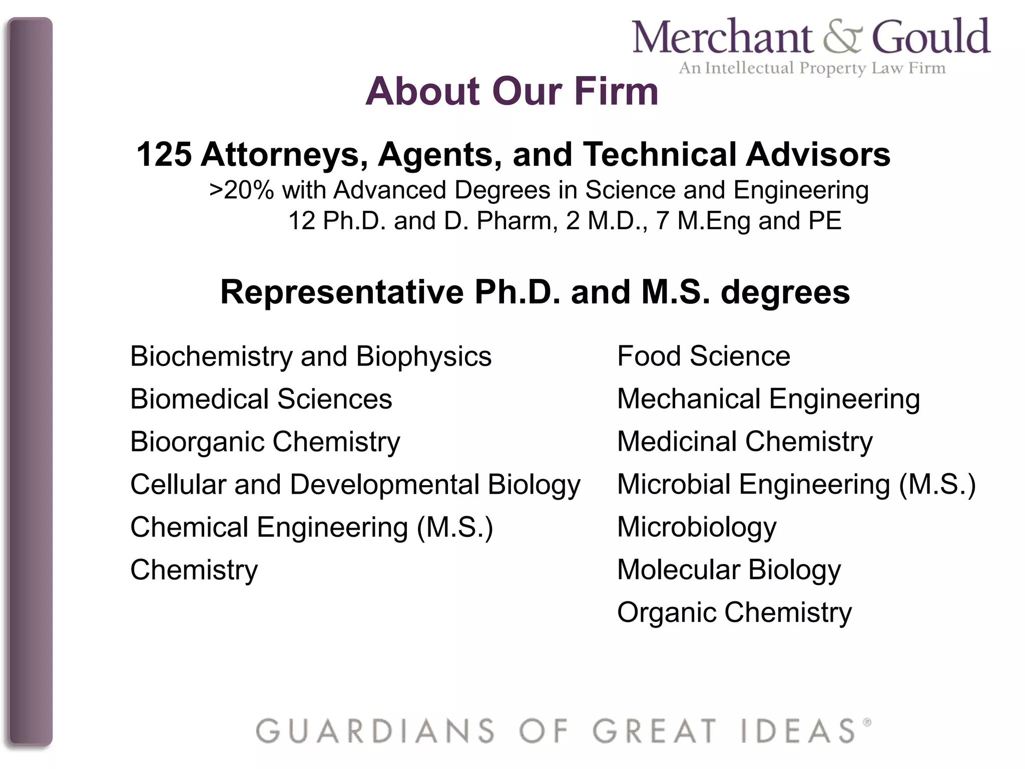 About Our Firm
125 Attorneys, Agents, and Technical Advisors
>20% with Advanced Degrees in Science and Engineering
12 Ph.D. and D. Pharm, 2 M.D., 7 M.Eng and PE
Representative Ph.D. and M.S. degrees
Biochemistry and Biophysics
Biomedical Sciences
Bioorganic Chemistry
Cellular and Developmental Biology
Chemical Engineering (M.S.)
Chemistry
Food Science
Mechanical Engineering
Medicinal Chemistry
Microbial Engineering (M.S.)
Microbiology
Molecular Biology
Organic Chemistry
 