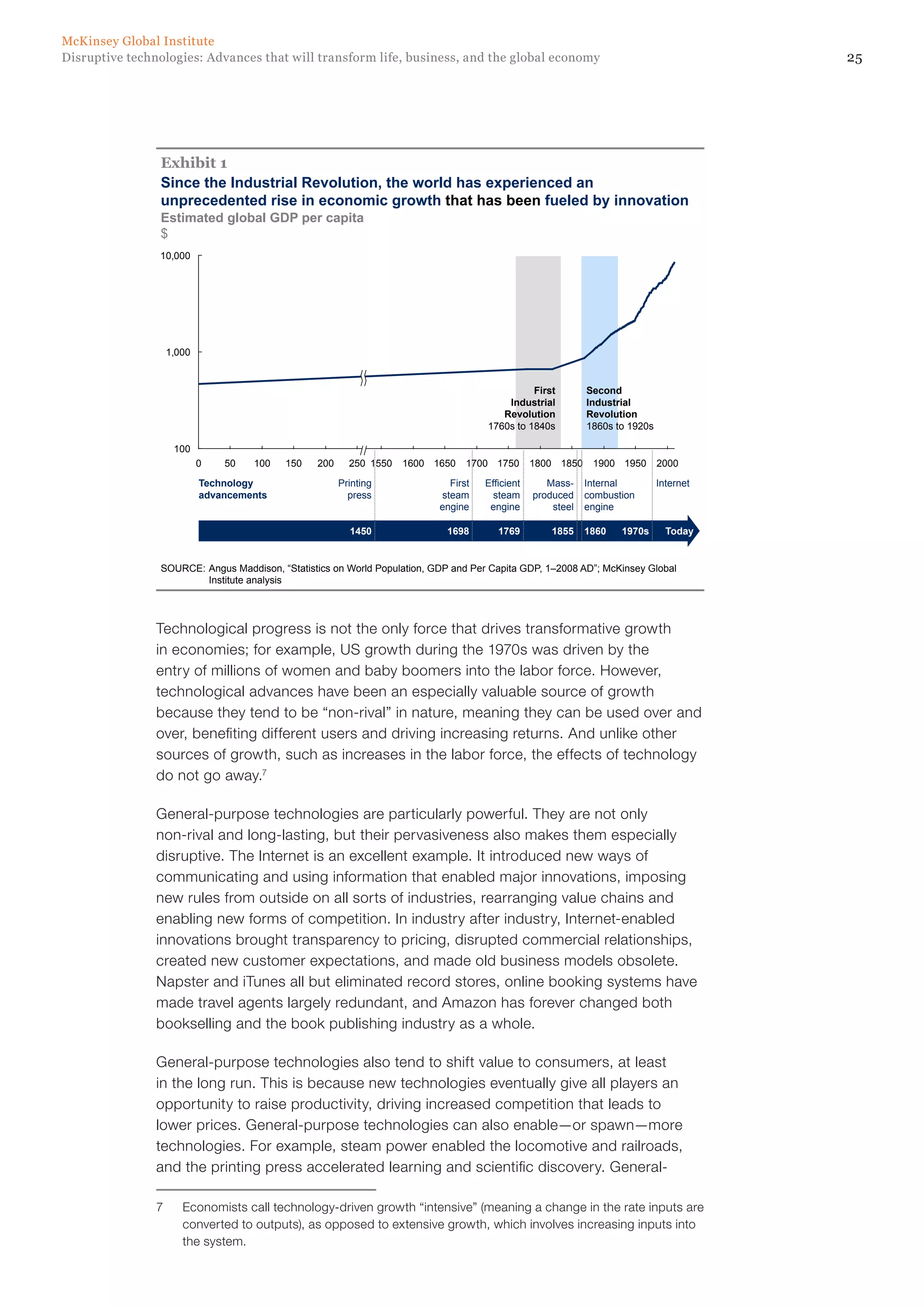 25Disruptive technologies: Advances that will transform life, business, and the global economy
McKinsey Global Institute
Since the Industrial Revolution, the world has experienced an
unprecedented rise in economic growth that has been fueled by innovation
100
1,000
10,000
250200150100500 1750 1800 1850 1900 195016501600 20001550 1700
1450
Efficient
steam
engine
1769
Mass-
produced
steel
1855
Internal
combustion
engine
Internet
Today
Technology
advancements
First
steam
engine
1698 1860 1970s
Exhibit 1
Estimated global GDP per capita
$
Printing
press
First
Industrial
Revolution
1760s to 1840s
Second
Industrial
Revolution
1860s to 1920s
SOURCE: Angus Maddison, “Statistics on World Population, GDP and Per Capita GDP, 1–2008 AD”; McKinsey Global
Institute analysis
Technological progress is not the only force that drives transformative growth
in economies; for example, US growth during the 1970s was driven by the
entry of millions of women and baby boomers into the labor force. However,
technological advances have been an especially valuable source of growth
because they tend to be “non-rival” in nature, meaning they can be used over and
over, benefiting different users and driving increasing returns. And unlike other
sources of growth, such as increases in the labor force, the effects of technology
do not go away.7
General-purpose technologies are particularly powerful. They are not only
non-rival and long-lasting, but their pervasiveness also makes them especially
disruptive. The Internet is an excellent example. It introduced new ways of
communicating and using information that enabled major innovations, imposing
new rules from outside on all sorts of industries, rearranging value chains and
enabling new forms of competition. In industry after industry, Internet-enabled
innovations brought transparency to pricing, disrupted commercial relationships,
created new customer expectations, and made old business models obsolete.
Napster and iTunes all but eliminated record stores, online booking systems have
made travel agents largely redundant, and Amazon has forever changed both
bookselling and the book publishing industry as a whole.
General-purpose technologies also tend to shift value to consumers, at least
in the long run. This is because new technologies eventually give all players an
opportunity to raise productivity, driving increased competition that leads to
lower prices. General-purpose technologies can also enable—or spawn—more
technologies. For example, steam power enabled the locomotive and railroads,
and the printing press accelerated learning and scientific discovery. General-
7	 Economists call technology-driven growth “intensive” (meaning a change in the rate inputs are
converted to outputs), as opposed to extensive growth, which involves increasing inputs into
the system.
 