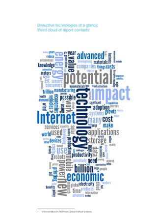 Disruptive technologies at a glance:
Word cloud of report contents1
1	 www.wordle.com; McKinsey Global Institute analysis.
 