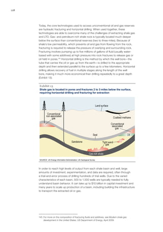 128
Today, the core technologies used to access unconventional oil and gas reserves
are hydraulic fracturing and horizontal drilling. When used together, these
technologies are able to overcome many of the challenges of extracting shale gas
and LTO. Gas- and petroleum-rich shale rock is typically located much deeper
below the surface than conventional reserves (two to three miles). Because of
shale’s low permeability, which prevents oil and gas from flowing from the rock,
fracturing is required to release the pressure of overlying and surrounding rock.
Fracturing involves pumping up to five millions of gallons of fluid (usually water-
based with some additives) at high pressure into rock fractures to release gas or
oil held in pores.145
Horizontal drilling is the method by which the well bore—the
tube that carries the oil or gas up from the earth—is drilled to the appropriate
depth and then extended parallel to the surface up to a few kilometers. Horizontal
drilling allows recovery of fuel in multiple stages along the length of the well
bore, making it much more economical than drilling repeatedly to a great depth
(Exhibit 13).
Shale gas is located in pores and fractures 2 to 3 miles below the surface,
requiring horizontal drilling and fracturing for extraction
SOURCE: US Energy Information Administration; US Geological Survey
Exhibit 13
In order to reach high levels of output from each shale basin and well, large
amounts of investment, experimentation, and data are required, often through
a trial-and-error process of drilling hundreds of trial wells. Due to the varied
characteristics of each basin, 500 to 1,500 wells are typically needed to fully
understand basin behavior. It can take up to $10 billion in capital investment and
many years to scale up production of a basin, including building the infrastructure
to transport the extracted oil or gas.
145	 For more on the composition of fracturing fluids and additives, see Modern shale gas
development in the United States, US Department of Energy, April 2009.
 