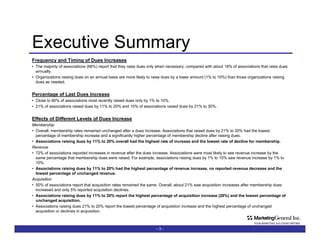 Executive Summary Frequency and Timing of Dues Increases The majority of associations (66%) report that they raise dues only when necessary, compared with about 18% of associations that raise dues annually. Organizations raising dues on an annual basis are more likely to raise dues by a lower amount (1% to 10%) than those organizations raising dues as needed.  Percentage of Last Dues Increase Close to 60% of associations most recently raised dues only by 1% to 10%.  21% of associations raised dues by 11% to 20% and 10% of associations raised dues by 21% to 30%. Effects of Different Levels of Dues Increase Membership Overall, membership rates remained unchanged after a dues increase. Associations that raised dues by 21% to 30% had the lowest percentage of membership increase and a significantly higher percentage of membership decline after raising dues. Associations raising dues by 11% to 20% overall had the highest rate of increase and the lowest rate of decline for membership. Revenue 72% of associations reported increases in revenue after the dues increase. Associations were most likely to see revenue increase by the same percentage that membership dues were raised. For example, associations raising dues by 1% to 10% saw revenue increase by 1% to 10%. Associations raising dues by 11% to 20% had the highest percentage of revenue increase, no reported revenue decrease and the lowest percentage of unchanged revenue. Acquisition 50% of associations report that acquisition rates remained the same. Overall, about 21% saw acquisition increases after membership dues increased and only 5% reported acquisition declines. Associations raising dues by 11% to 20% report the highest percentage of acquisition increase (28%) and the lowest percentage of unchanged acquisition.  Associations raising dues 21% to 30% report the lowest percentage of acquisition increase and the highest percentage of unchanged acquisition or declines in acquisition. -   - 