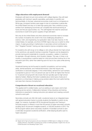 McKinsey Global Institute
The world at work: Jobs, pay, and skills for 3.5 billion people                                                   59




                Align education with employment demand
                Employers will need not just more workers with college degrees, they will need
                graduates with training in specific specialties, particularly in scientific and
                technical fields. In the past, advanced economies could count on immigrants to
                fill this gap. Immigrant workers were eager to train at universities in places like
                the United States and stay on to take high‑paying jobs. Now, ambitious young
                workers from developing economies can complete their technical training at
                home and find job opportunities, too. This will heighten the need for advanced
                economies to build home-grown supplies of high‑skill talent.

                Not only do the United States and other advanced economies need to increase
                the number of students who enroll in the more challenging disciplines in
                science, math, and engineering, but graduation rates must also improve. In the
                United States, for example, one-third of STEM majors drop out or switch to other
                majors. A weak grounding in mathematics in secondary school contributes to
                this.49 Targeted “booster” training can help students improve completion rates.

                For students who will not go on to college or who will go directly from high school
                to the workforce, job-specific training is essential. Programs can be designed to
                provide training and credentials for a specific occupation—welder or machinist,
                for example—through intensive, short-duration classes. This way, in three or six
                months, a young person could be ready for a first job and then continue his or her
                education part-time, rather than deferring work for two to four years while earning
                a degree.

                Vocational training can be focused on specific occupations, such as nursing
                aides, dental assistants, and medical technicians—jobs that require only
                certification or associate degrees. In the United States, demand for such workers
                is projected to grow at 1.8 to 2.9 percent per year to 2018, far higher than the 0.6
                to 1.6 percent annual growth rate of jobs that are typically open to high school
                diploma holders. Making information available about what types of jobs are in
                demand is a critical step in helping young workers select the most useful training
                and raise their chances of employment.

                Comprehensive thrust on vocational education
                This applies both to skilled trades, such as welding or auto repair, and to fast-
                growing service sectors. Collaboration between hiring industries and training
                institutions is essential for making instruction job-relevant and creating a smooth
                school-to-work path.

                Secondary schools can offer full-credit, vocational tracks on an integrated basis
                with general education tracks to provide students the flexibility to switch at any
                stage. For instance, Australia’s VETiS (Vocational Education and Training in
                Schools) program is offered in more than 90 percent of higher secondary schools,
                enrolling about 40 percent of eligible students, or 230,000 students in 2010. The
                VETiS program allows senior secondary students in Australian schools to earn
                a nationally recognized vocational certification, while keeping all paths open to
                higher education.




                49	 Nearly half of high school seniors who are interested in STEM majors in college do not have
                    STEM proficiency. See BHEF, Increasing the number of STEM graduates: Insights from the US
                    STEM Education and Modeling Project, 2010.
 