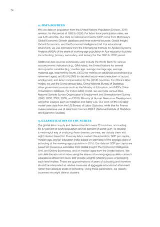 70




     2. DATA SOURCES
     We use data on population from the United Nations Population Division, 2010
     revision, for the period of 1980 to 2030. For labor force participation rates, we
     use ILO LaborSta. Our data on national and sector GDP come from McKinsey’s
     Global Economic Growth database and three external sources: Global Insight,
     Oxford Economics, and the Economist Intelligence Unit. For educational
     attainment, we use estimates from the International Institute for Applied Systems
     Analysis (IIASA) of the share of working-age population in four education buckets
     (no schooling, primary, secondary, and tertiary) for the 1980 to 2030 period.

     Additional data sources extensively used include the World Bank for various
     socioeconomic indicators (e.g., GINI index), the United Nations for several
     demographic variables (e.g., median age, average marriage age, average
     maternal age, total fertility count), OECD for metrics on advanced economies (e.g.
     retirement ages), and EU KLEMS for detailed sector-wise breakdown of output,
     employment, and labor compensation for the OECD countries. For China’s labor
     model, we use the China census data, China National Bureau of Statistics,
     other government sources such as the Ministry of Education, and MGI’s China
     Urbanization database. For India’s labor model, we use India census data,
     National Sample Survey Organization’s Employment and Unemployment Survey
     (1993, 2000, 2005, 2008, and 2010), Ministry of Human Resources Development,
     and other sources such as IndiaStat and Barro-Lee. Our work on the US labor
     model uses data from the US Bureau of Labor Statistics, while that for France
     makes extensive use of data from France’s INSEE (National Institute of Statistics
     and Economic Studies).


     3. CLASSIFICATION OF COUNTRIES
     Our global labor supply and demand model covers 70 countries, accounting
     for 87 percent of world population and 96 percent of world GDP. To develop
     a meaningful way of analyzing these diverse countries, we classify them into
     eight clusters based on three key labor market characteristics: GDP per capita,
     median age, and an education index based on estimates of the average years of
     schooling of the working-age population in 2010. Our data on GDP per capita are
     based on consensus estimates from Global Insight, the Economist Intelligence
     Unit, and Oxford Economics, and on median ages from the United Nations. We
     calculate the education index using the shares of working-age population at each
     educational attainment level, and provide weights reflecting years of schooling
     each level implies. These are approximations of years of schooling and therefore
     should be interpreted as relative measures of aggregate educational attainment
     rather than absolute levels of schooling. Using these parameters, we classify
     countries into eight distinct clusters:
 