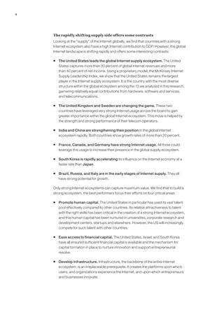 4




    The rapidly shifting supply side offers some contrasts
    Looking at the “supply” of the Internet globally, we find that countries with a strong
    Internet ecosystem also have a high Internet contribution to GDP. However, the global
    Internet landscape is shifting rapidly and offers some interesting contrasts:

    ƒ The United States leads the global Internet supply ecosystem. The United
      States captures more than 30 percent of global Internet revenues and more
      than 40 percent of net income. Using a proprietary model, the McKinsey Internet
      Supply Leadership Index, we show that the United States remains the largest
      player in the Internet supply ecosystem. It is the country with the most diverse
      structure within the global ecosystem among the 13 we analyzed in this research,
      garnering relatively equal contributions from hardware, software and services,
      and telecommunications.

    ƒ The United Kingdom and Sweden are changing the game. These two
      countries have leveraged very strong Internet usage across the board to gain
      greater importance within the global Internet ecosystem. This move is helped by
      the strength and strong performance of their telecom operators.

    ƒ India and China are strengthening their position in the global Internet
      ecosystem rapidly. Both countries show growth rates of more than 20 percent.

    ƒ France, Canada, and Germany have strong Internet usage. All three could
      leverage this usage to increase their presence in the global supply ecosystem.

    ƒ South Korea is rapidly accelerating its influence on the Internet economy at a
      faster rate than Japan.

    ƒ Brazil, Russia, and Italy are in the early stages of Internet supply. They all
      have strong potential for growth.

    Only strong Internet ecosystems can capture maximum value. We find that to build a
    strong ecosystem, the best performers focus their efforts on four critical areas:

    ƒ Promote human capital. The United States in particular has used its vast talent
      pool effectively compared to other countries. Its relative attractiveness to talent
      with the right skills has been critical in the creation of a strong Internet ecosystem,
      and this human capital has been nurtured in universities, corporate research and
      development centers, startups and elsewhere. However, the US will increasingly
      compete for such talent with other countries.

    ƒ Ease access to financial capital. The United States, Israel, and South Korea
      have all ensured sufficient financial capital is available and the mechanism for
      capital formation in place to nurture innovation and support entrepreneurial
      resolve.

    ƒ Develop infrastructure. Infrastructure, the backbone of the entire Internet
      ecosystem, is an irreplaceable prerequisite. It creates the platforms upon which
      users, and organizations experience the Internet, and upon which entrepreneurs
      and businesses innovate.
 