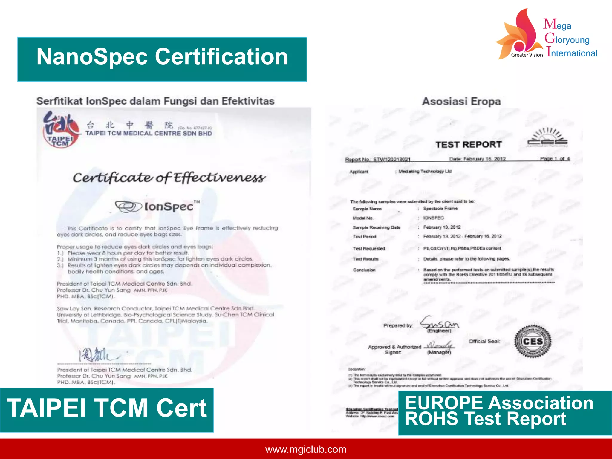 www.mgiclub.com
NanoSpec Certification
TAIPEI TCM Cert EUROPE Association
ROHS Test Report
 