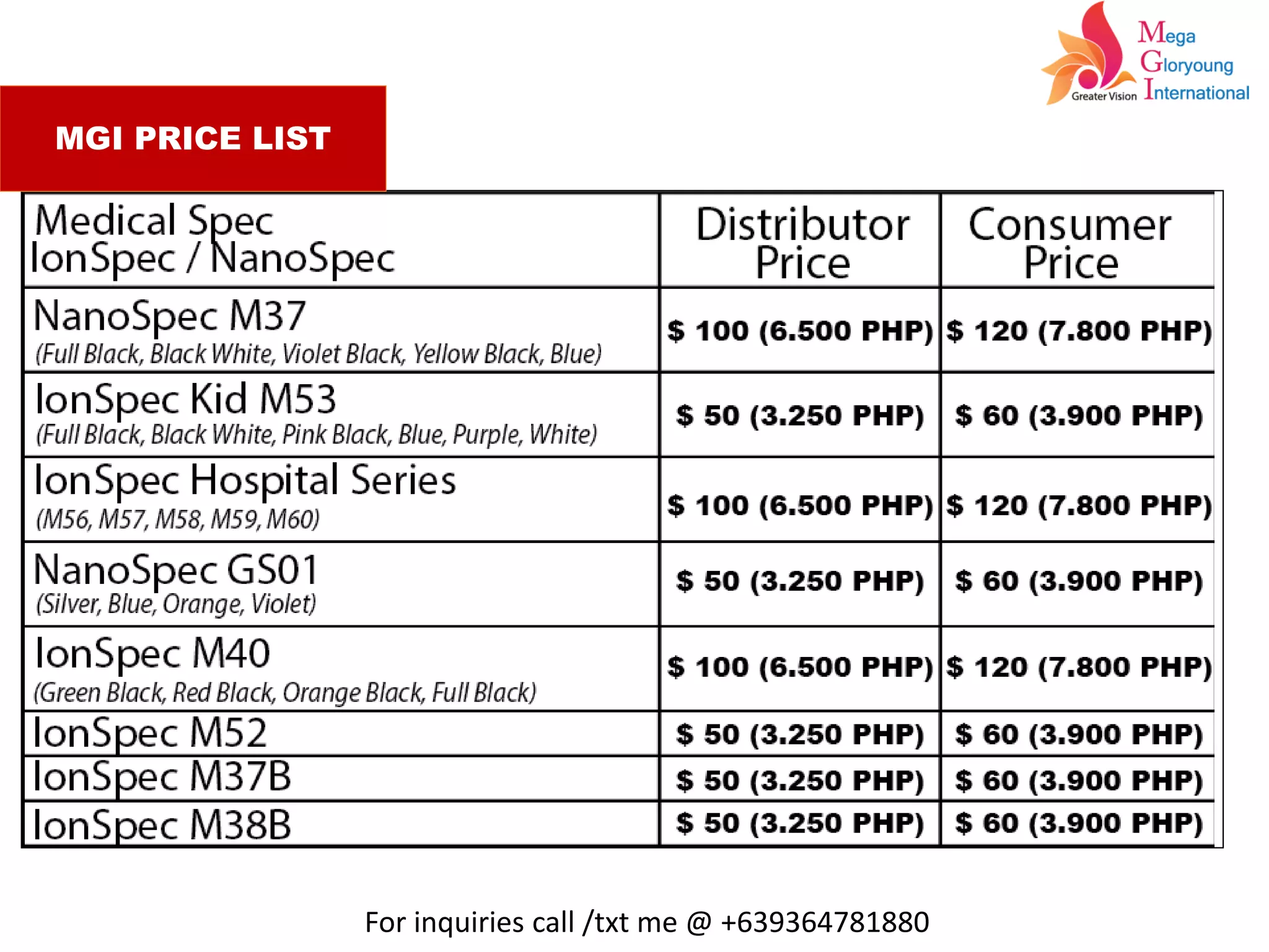 MGI PRICE LIST
For inquiries call /txt me @ +639364781880
 