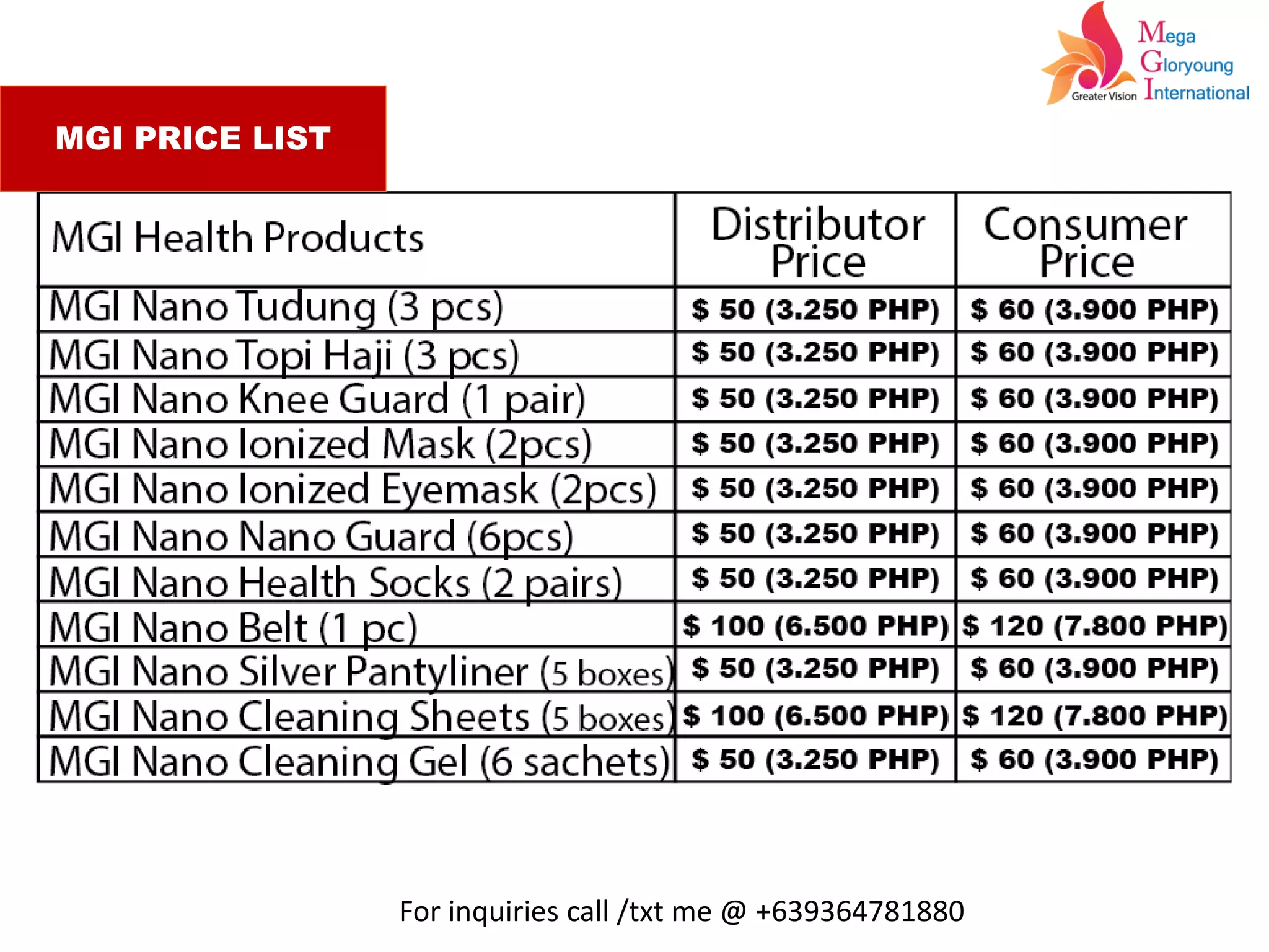 MGI PRICE LIST
For inquiries call /txt me @ +639364781880
 