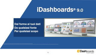 Dai forma ai tuoi dati
Da qualsiasi fonte
Per qualsiasi scopo
1
iDashboards® 9.0
 