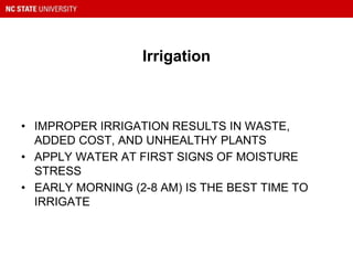 Irrigation
• IMPROPER IRRIGATION RESULTS IN WASTE,
ADDED COST, AND UNHEALTHY PLANTS
• APPLY WATER AT FIRST SIGNS OF MOISTURE
STRESS
• EARLY MORNING (2-8 AM) IS THE BEST TIME TO
IRRIGATE
 