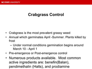 Crabgrass Control
• Crabgrass is the most prevalent grassy weed
• Annual which germinates April -Summer. Plants killed by
frost
– Under normal conditions germination begins around
March 10 - April 1
• Pre-emergence or Post-emergence control
• Numerous products available. Most common
active ingredients are: benefin(Balan),
pendimethalin (Halts), and prodiamine
 