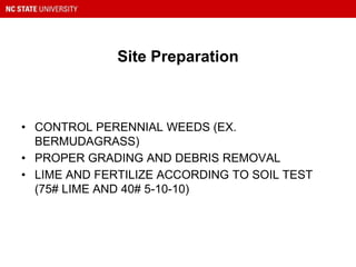 Site Preparation
• CONTROL PERENNIAL WEEDS (EX.
BERMUDAGRASS)
• PROPER GRADING AND DEBRIS REMOVAL
• LIME AND FERTILIZE ACCORDING TO SOIL TEST
(75# LIME AND 40# 5-10-10)
 
