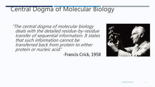 Central Dogma of Molecular Biology
“The central dogma of molecular biology
deals with the detailed residue-by-residue
transfer of sequential information. It states
that such information cannot be
transferred back from protein to either
protein or nucleic acid.”
-Francis Crick, 1958
7/1/2016 6:38 AM 2
 