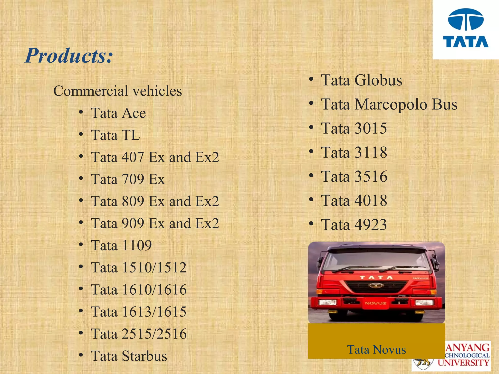 Products:
                             •   Tata Globus
  Commercial vehicles
                             •   Tata Marcopolo Bus
     • Tata Ace
     • Tata TL               •   Tata 3015
     • Tata 407 Ex and Ex2   •   Tata 3118
     • Tata 709 Ex           •   Tata 3516
     • Tata 809 Ex and Ex2   •   Tata 4018
     • Tata 909 Ex and Ex2   •   Tata 4923 
     • Tata 1109
     • Tata 1510/1512 
     • Tata 1610/1616
     • Tata 1613/1615
     • Tata 2515/2516
     • Tata Starbus                 Tata Novus
 